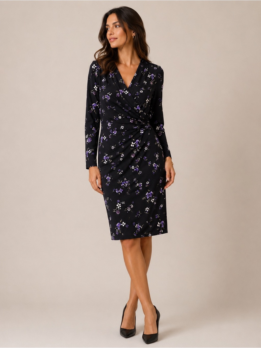 Lauren Ralph Lauren Black Long-Sleeve Floral Faux-Wrapโ Dress